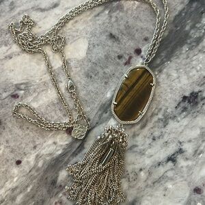 Kendra Scott RAYNE Necklace Brown Tigers Eye Gold Tone Tassel Statement 30"